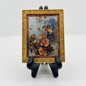 Vintage Enesco‎ Framed Bird Floral Print Made in Mexico Cottage Decor 4.5"